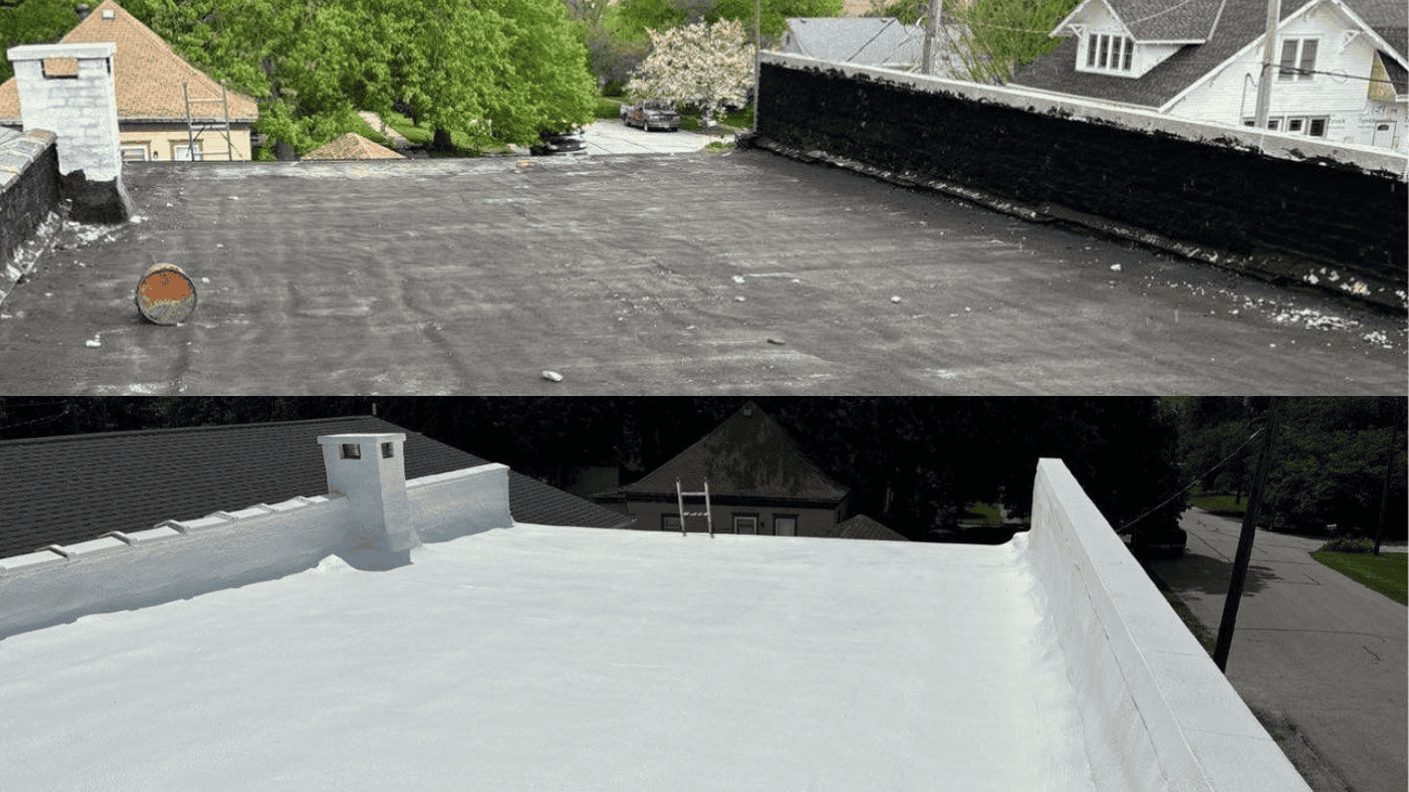 Why Do Commercial Roof Leaks Happen before and after image of a commercial flat roof