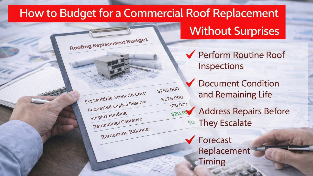 informational graphics about "How to Budget for a Commercial Roof Replacement Without Surprises"