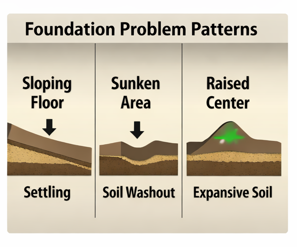 Three common patterns - sloping, localized sinking, and a raised center (often soil-related).