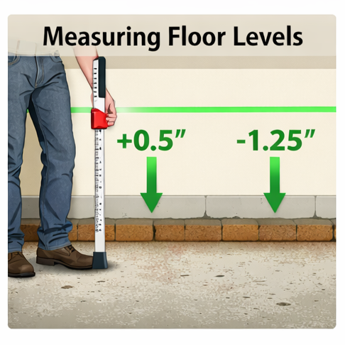 Measuring down from the green laser line. Different numbers mean different floor elevations.
