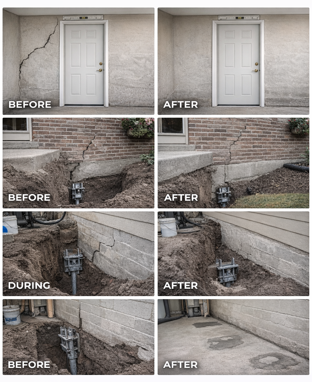 Real before/after montage: examples of foundation settlement signs and stabilization with steel pier installation.