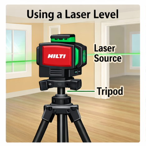 A Hilti-style green laser level on a tripod. The green line is your level reference for every measurement.