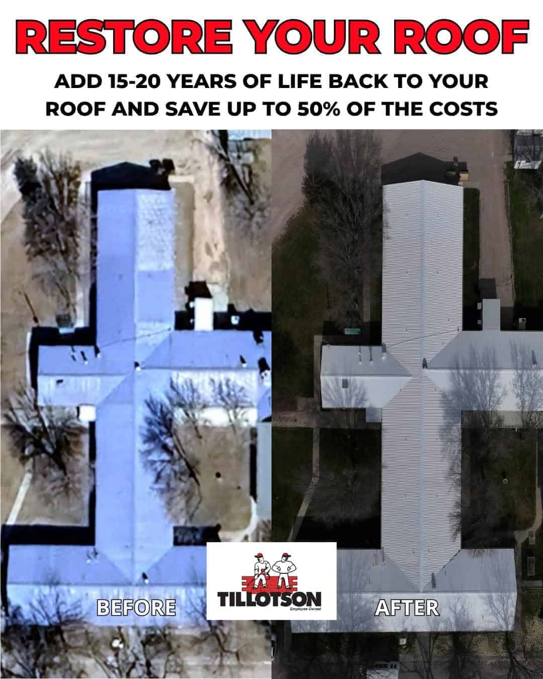 Aerial before-and-after view of a roof coating restoration on a large cross-shaped commercial building by Tillotson Enterprises