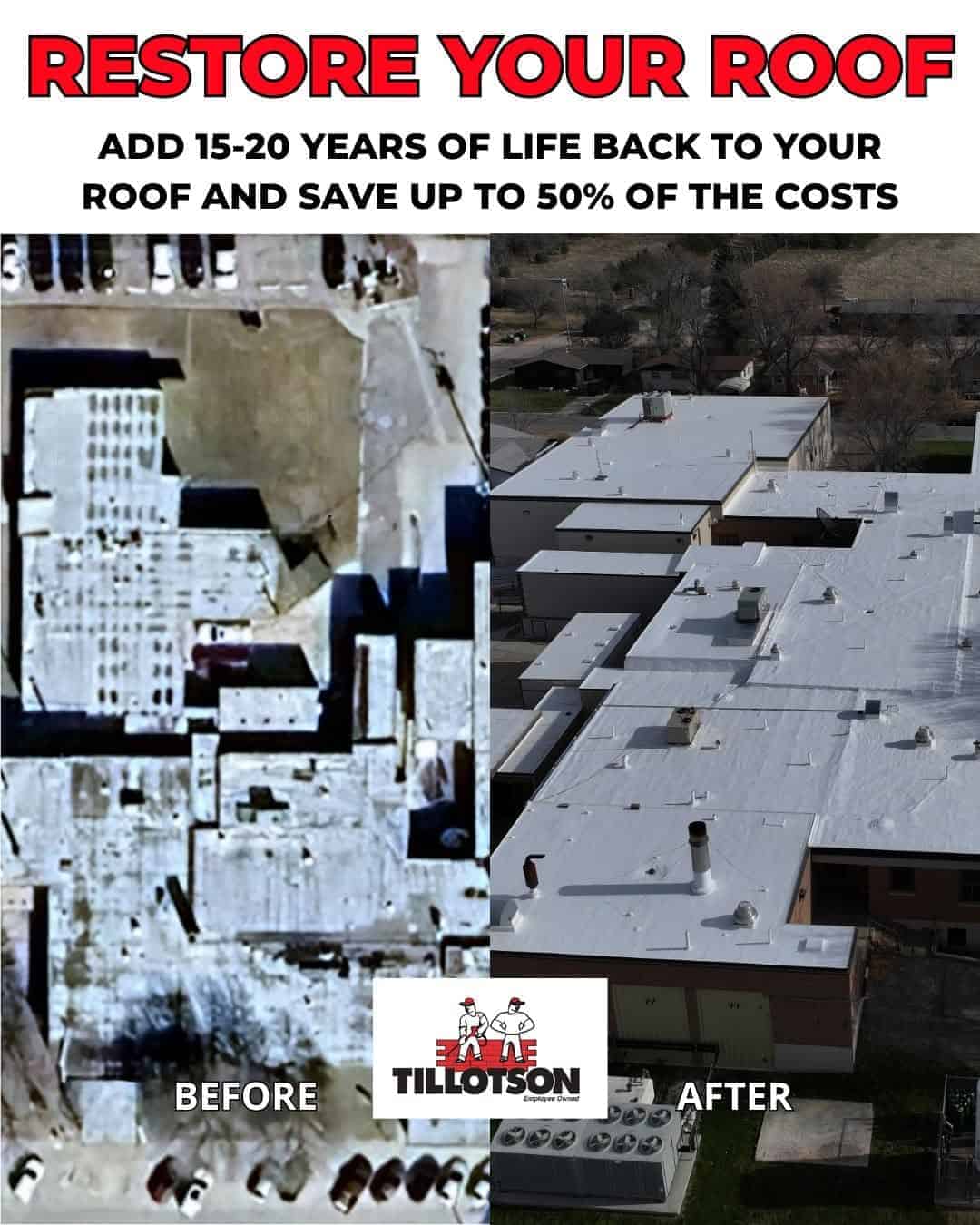 Aerial before-and-after view of a flat commercial roof coating restoration on a multi-unit building by Tillotson Enterprises