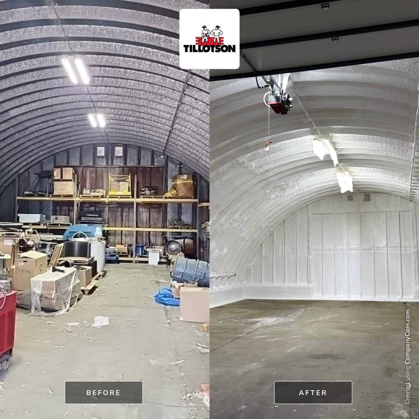 Before and after of an arched steel building interior with bare corrugated metal, insulated with white spray foam on the ceiling and end wall by Tillotson Enterprises
