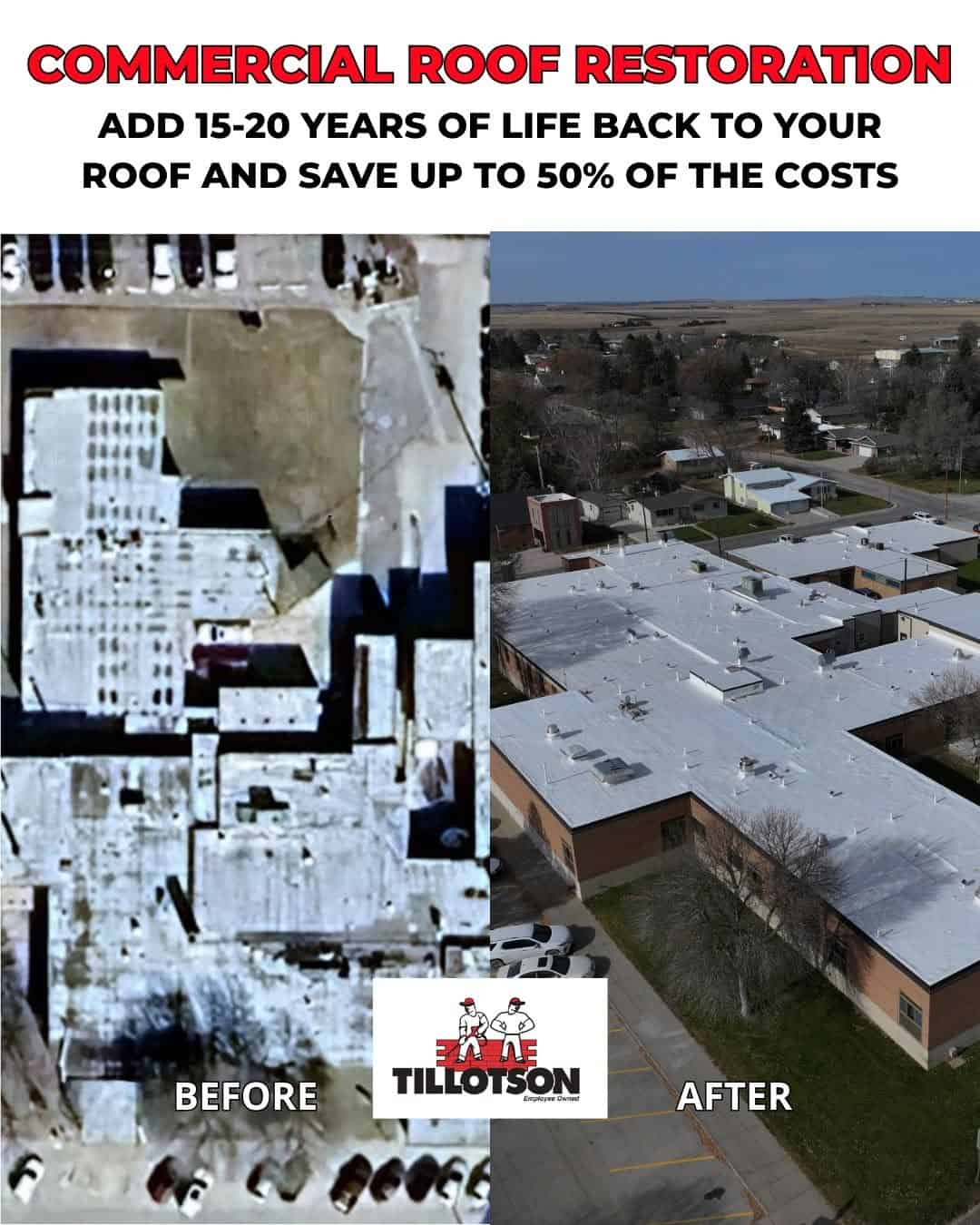Re roof an industrial building without shutting down Aerial before-and-after of a large flat commercial roof restored with a white roof coating over the existing roof by Tillotson Enterprises